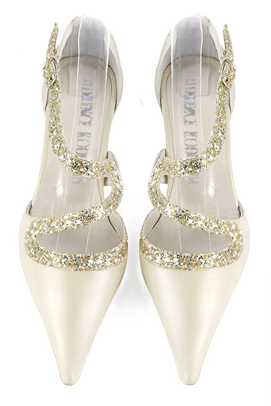 Off white and gold women's open side shoes, with snake-shaped straps. Pointed toe. Medium slim heel. Top view - Florence KOOIJMAN